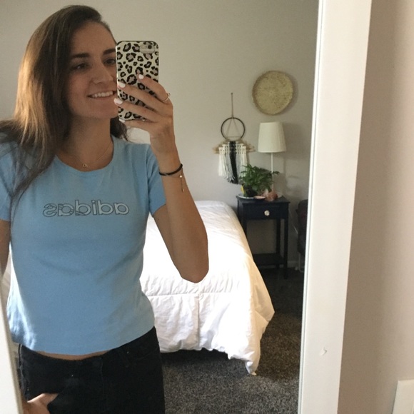 Vintage Pale Blue Adidas logo Graphic tee Crop top - Picture 2 of 8